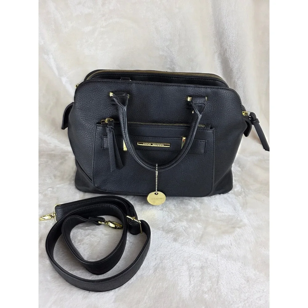 Steve Madden Black Faux Leather Dome Satchel Handbag With Gold‎ Hardware